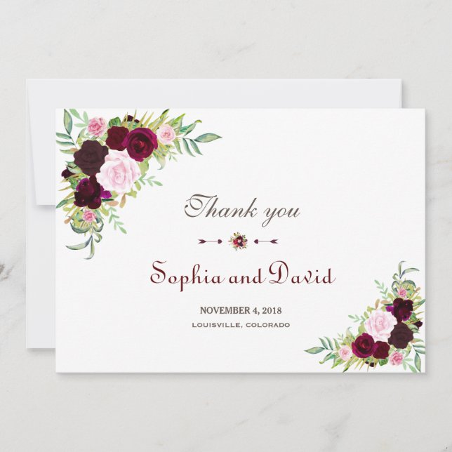Tarjeta De Agradecimiento Boda Floral Royal Burgundy Marsala Gracias (Anverso)