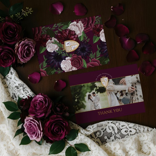 Tarjeta De Agradecimiento Boda floral Royal Muse Medieval Fantasy Shield (Royal Muse Medieval Fantasy Shield Floral Wedding Thank You Card)