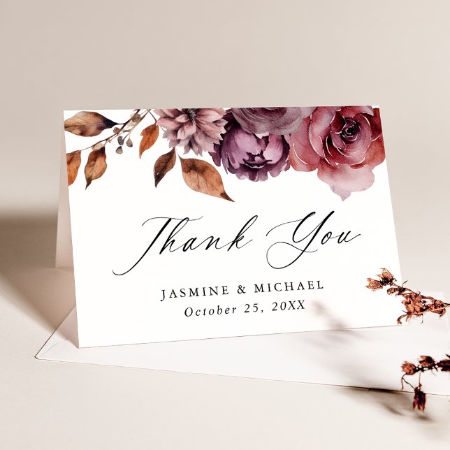 Tarjeta De Agradecimiento Boda floral Rustic Autumn Marsala (Subido por el creador)