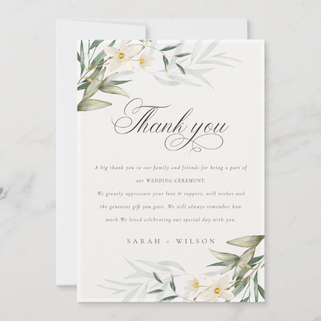 Tarjeta De Agradecimiento Boda floral rústico elegante de vegetación blanca (Anverso)