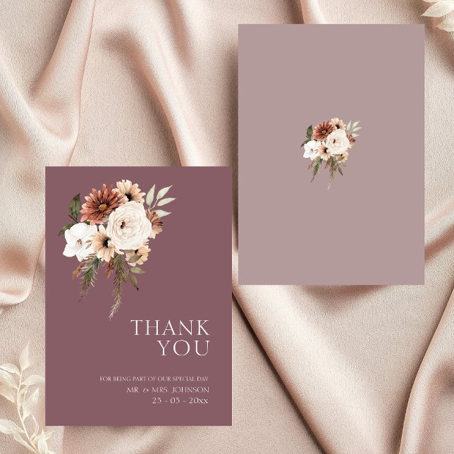 Tarjeta De Agradecimiento Boda floral rustico morado y morado (Rustic Purple and Peach Floral Wedding Thank You Card)