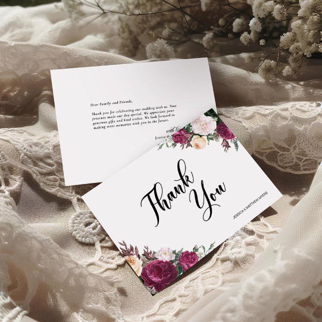 Tarjeta De Agradecimiento Boda Floral Script Boho Borgoña (Subido por el creador)