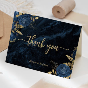 Tarjeta De Agradecimiento Boda Floral Script Gold Azul Marino