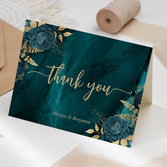 Tarjeta De Agradecimiento Boda Floral Script Teal Gold (Subido por el creador)