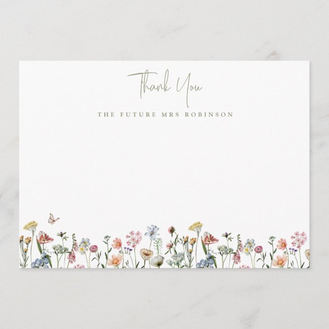 Tarjeta De Agradecimiento Boda floral silvestre futura Sra. personalizada (Anverso)