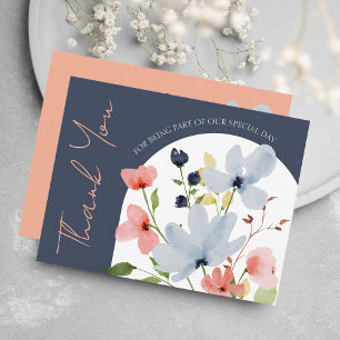 Tarjeta De Agradecimiento Boda floral simple azul arca y rosa