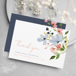 Tarjeta De Agradecimiento Boda floral simple boho azul y rosa