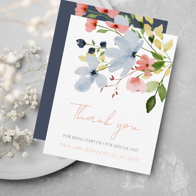 Tarjeta De Agradecimiento Boda floral simple boho azul y rosa (Subido por el creador)