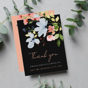 Tarjeta De Agradecimiento Boda floral simple boho negro y rosa