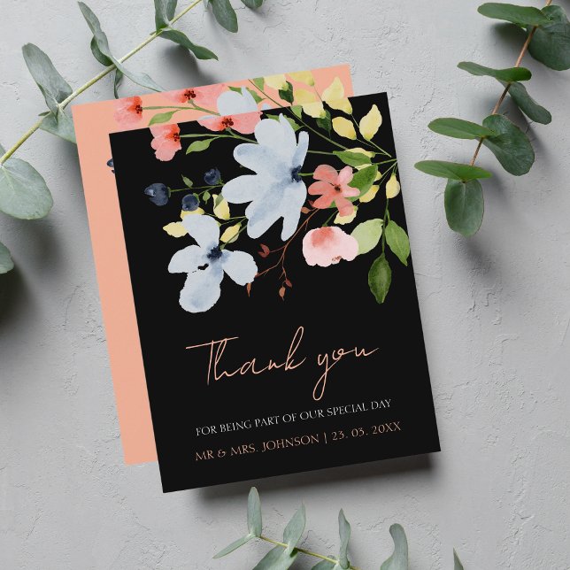 Tarjeta De Agradecimiento Boda floral simple boho negro y rosa (Subido por el creador)