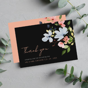 Tarjeta De Agradecimiento Boda floral simple boho negro y rosa