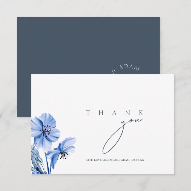 Tarjeta De Agradecimiento Boda floral simple de opulencia azul real (Anverso / Reverso)