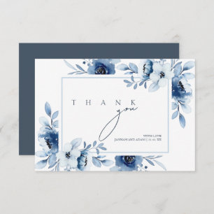 Tarjeta De Agradecimiento Boda floral simple de opulencia azul real