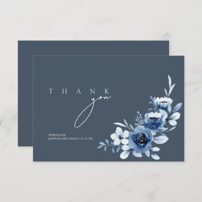 Tarjeta De Agradecimiento Boda floral simple de Rosas azules (Anverso / Reverso)