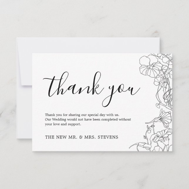 Tarjeta De Agradecimiento Boda floral simple en blanco y negro (Anverso)