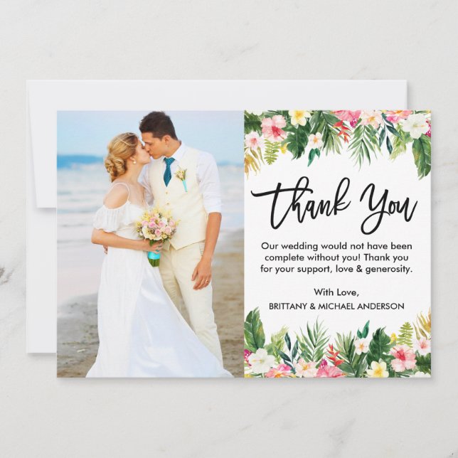 Tarjeta De Agradecimiento Boda floral tropical con guión de pincel (Anverso)