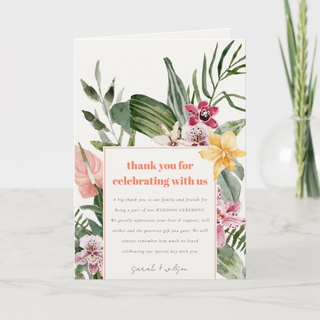 Tarjeta De Agradecimiento Boda Floral Tropical Vibrante Peach Rubor Boho (Anverso)