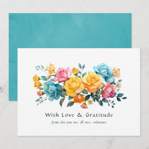 Tarjeta De Agradecimiento Boda floral turquesa, amarillo y rosa