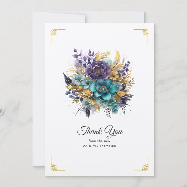 Tarjeta De Agradecimiento Boda floral verde azulado, púrpura y dorada (Anverso)