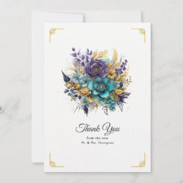 Tarjeta De Agradecimiento Boda floral verde azulado, púrpura y dorada
