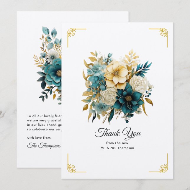 Tarjeta De Agradecimiento Boda floral verde azulado y dorado (Anverso / Reverso)