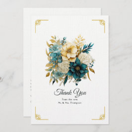 Tarjeta De Agradecimiento Boda floral verde azulado y dorado