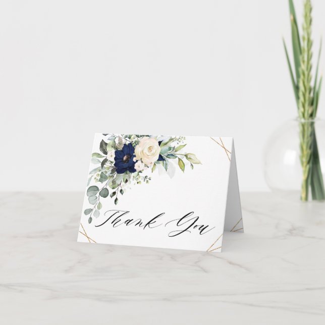 Tarjeta De Agradecimiento Boda floral verde naval rosa geométrico (Anverso)