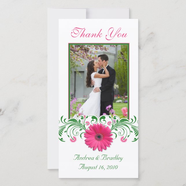 Tarjeta De Agradecimiento Boda Floral Verde Rosa Gerbera Daisy Gracias (Anverso)