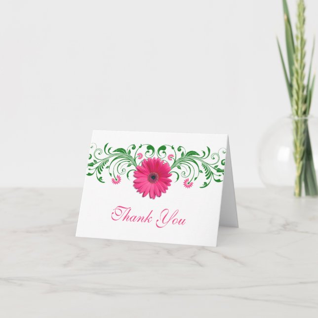 Tarjeta De Agradecimiento Boda Floral Verde Rosa Gerbera Daisy Gracias (Anverso)