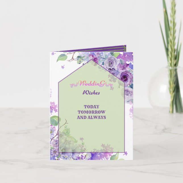 Tarjeta De Agradecimiento Boda Floral Violeta Saludos Deseosos De Felicidade (Anverso)