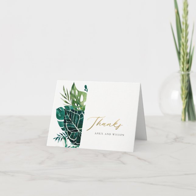 TARJETA DE AGRADECIMIENTO BODA FOLIAGE VERDE MODERNO TROPICAL MONSTERA (Anverso)
