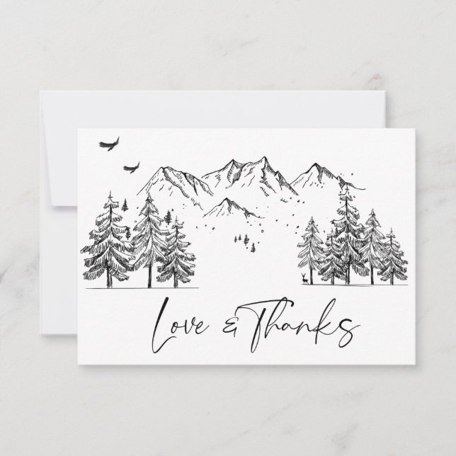 Tarjeta De Agradecimiento Boda Forestal de las Montañas Dibujadas a Mano (Anverso)