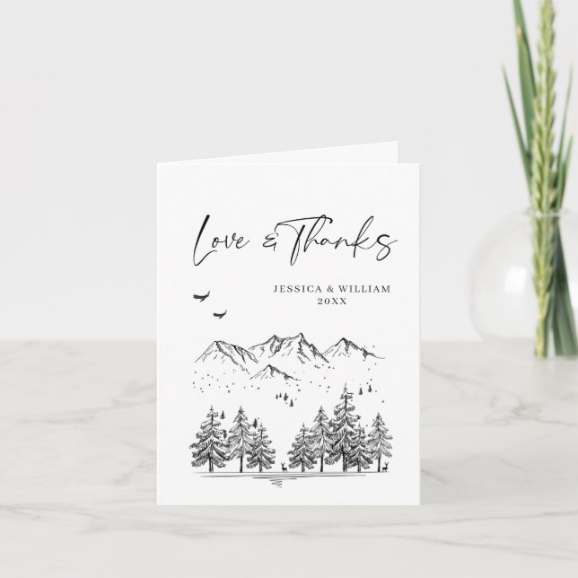 Tarjeta De Agradecimiento Boda Forestal de las Montañas Dibujadas a Mano (Anverso)
