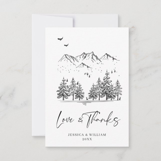 Tarjeta De Agradecimiento Boda Forestal de las Montañas Dibujadas a Mano (Anverso)