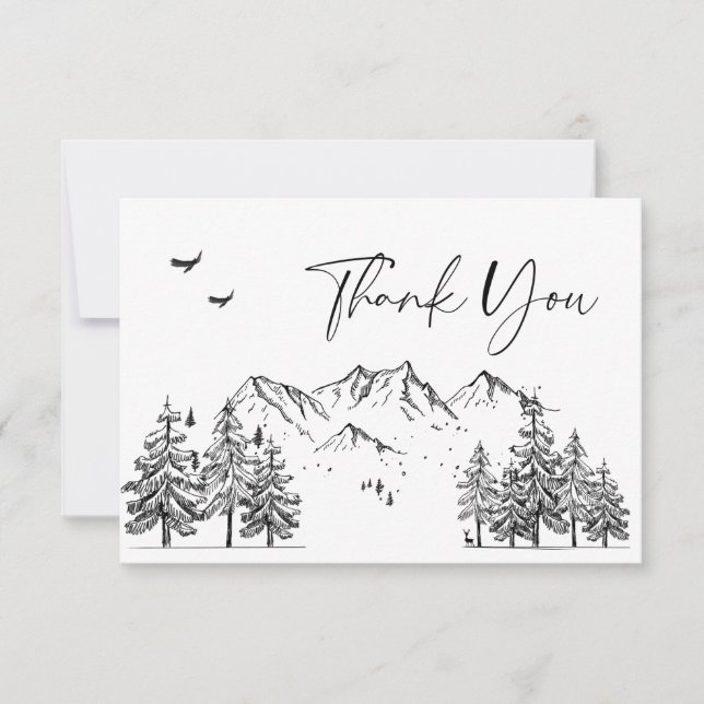 Tarjeta De Agradecimiento Boda Forestal de las Montañas Dibujadas a Mano (Anverso)