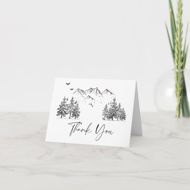 Tarjeta De Agradecimiento Boda Forestal de las Montañas Dibujadas a Mano (Anverso)