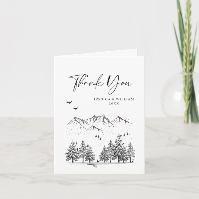 Tarjeta De Agradecimiento Boda Forestal de las Montañas Dibujadas a Mano (Anverso)