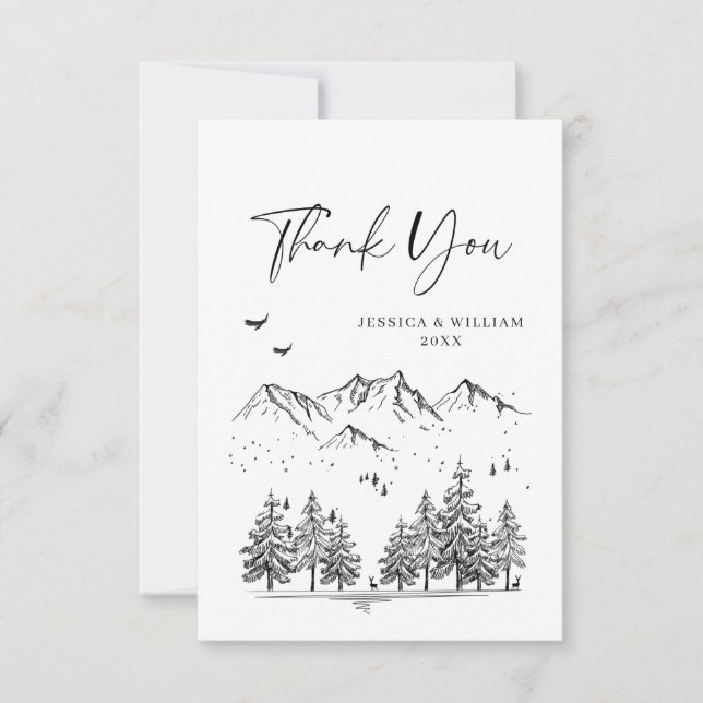 Tarjeta De Agradecimiento Boda Forestal de las Montañas Dibujadas a Mano (Anverso)