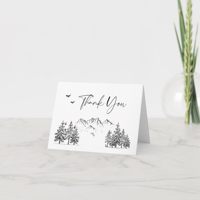 Tarjeta De Agradecimiento Boda Forestal de las Montañas Dibujadas a Mano (Anverso)