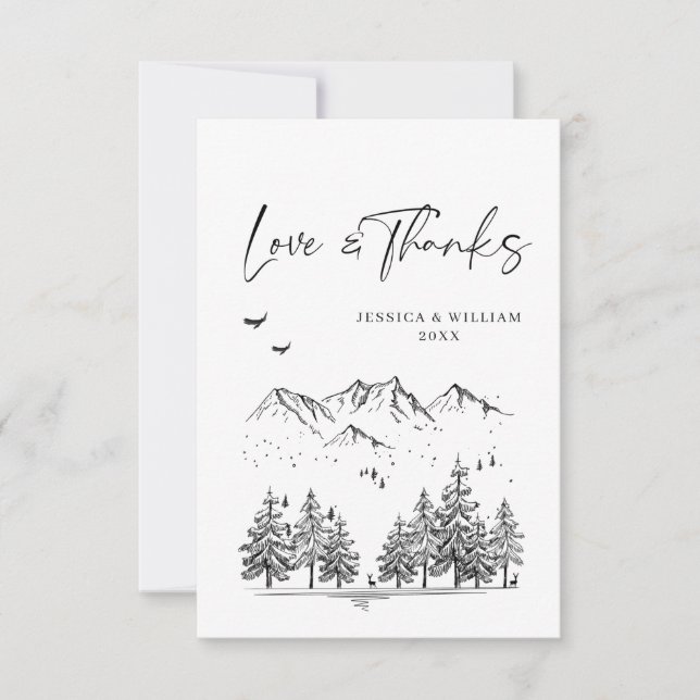 Tarjeta De Agradecimiento Boda Forestal de las Montañas Dibujadas a Mano (Anverso)