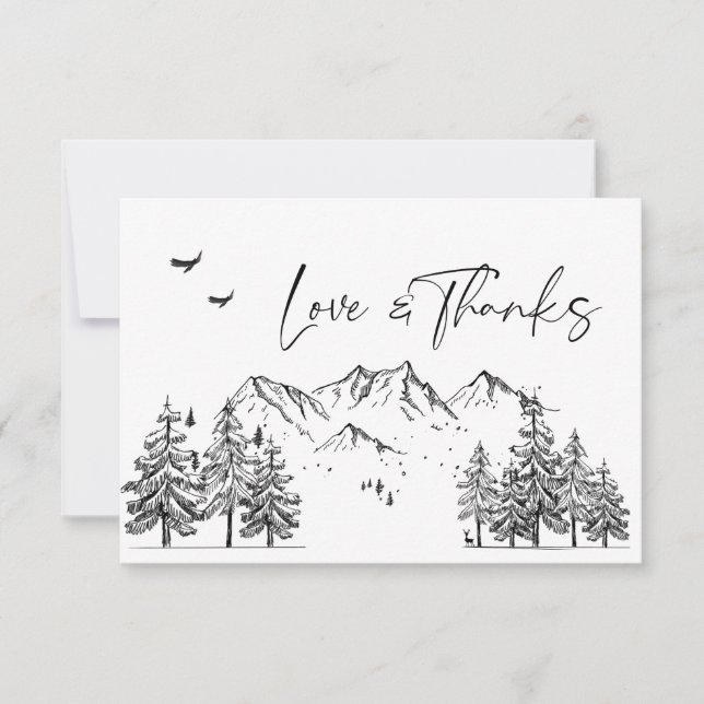 Tarjeta De Agradecimiento Boda Forestal de las Montañas Dibujadas a Mano (Anverso)