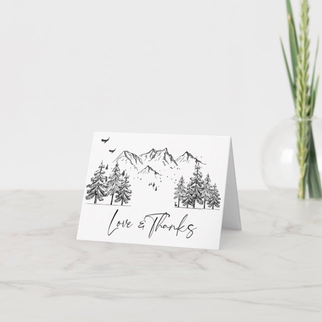 Tarjeta De Agradecimiento Boda Forestal de las Montañas Dibujadas a Mano (Anverso)
