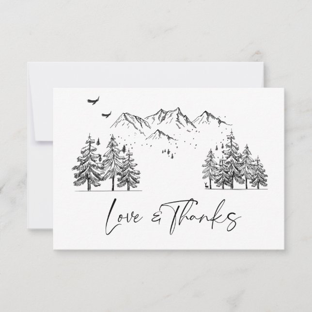 Tarjeta De Agradecimiento Boda Forestal de las Montañas Dibujadas a Mano (Anverso)