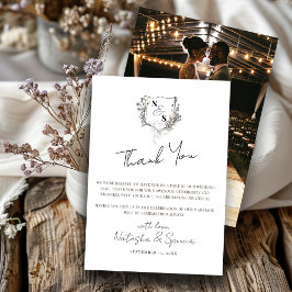 Tarjeta De Agradecimiento Boda Formal de Monograma de Cresta Floral en Blanc