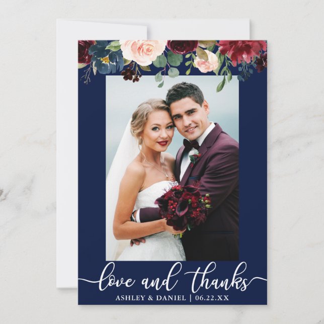 Tarjeta De Agradecimiento Boda Foto Amor Gracias Burgundy Floral Blue (Anverso)