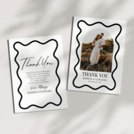 Tarjeta De Agradecimiento Boda Foto Borde Ondulado Elegante Blanco Negro
