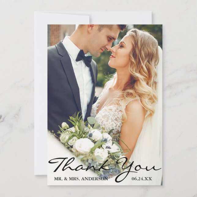 Tarjeta De Agradecimiento Boda Foto Bride Groom Script Gracias (Anverso)