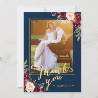 Tarjeta De Agradecimiento Boda Foto Burgundy Floral Azul Marino Dorado