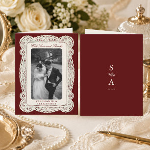 Tarjeta De Agradecimiento Boda Foto con Encaje Antiguo de Color Burdeos