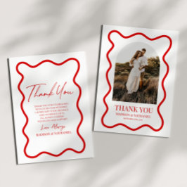 Tarjeta De Agradecimiento Boda Foto de Borde Ondulado Elegante Rojo Blanco